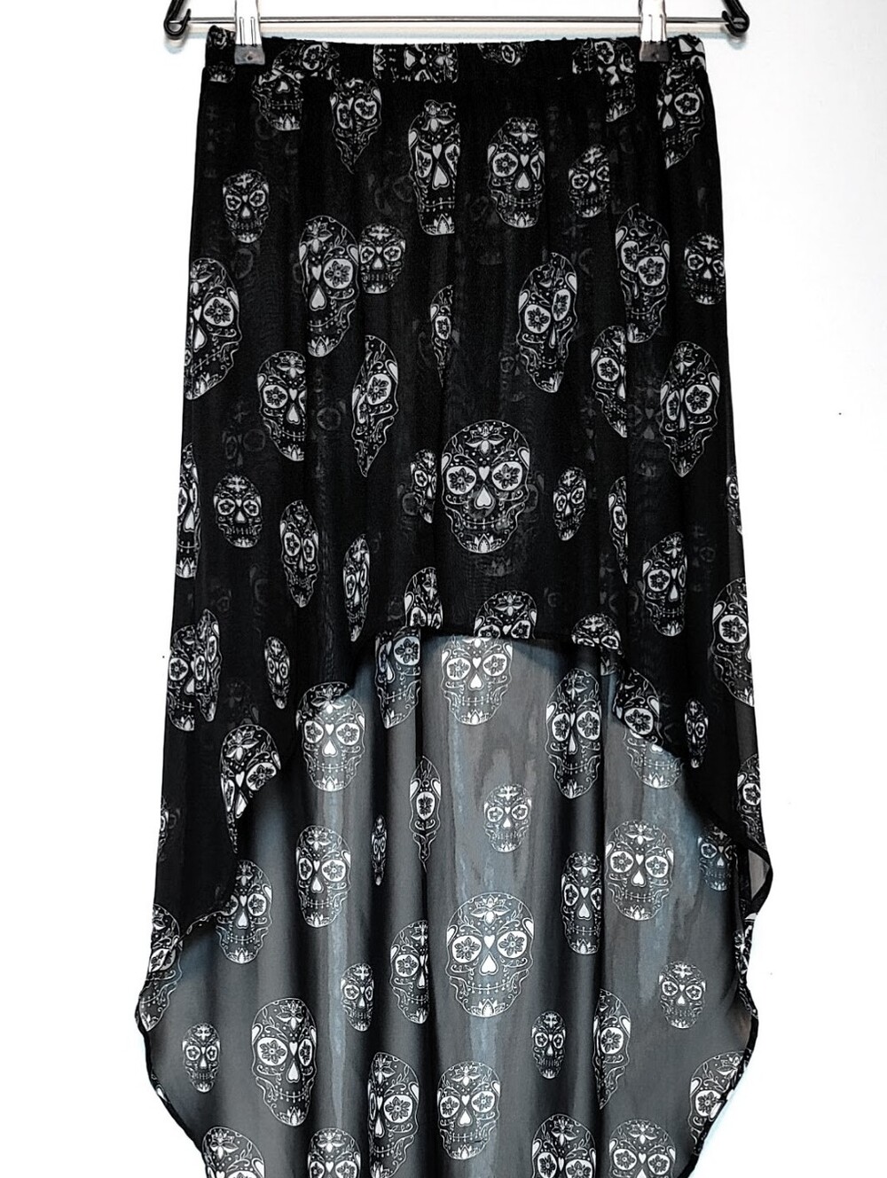 Black & White Sugar Skull Print High-Low Goth Mermaid Skirt